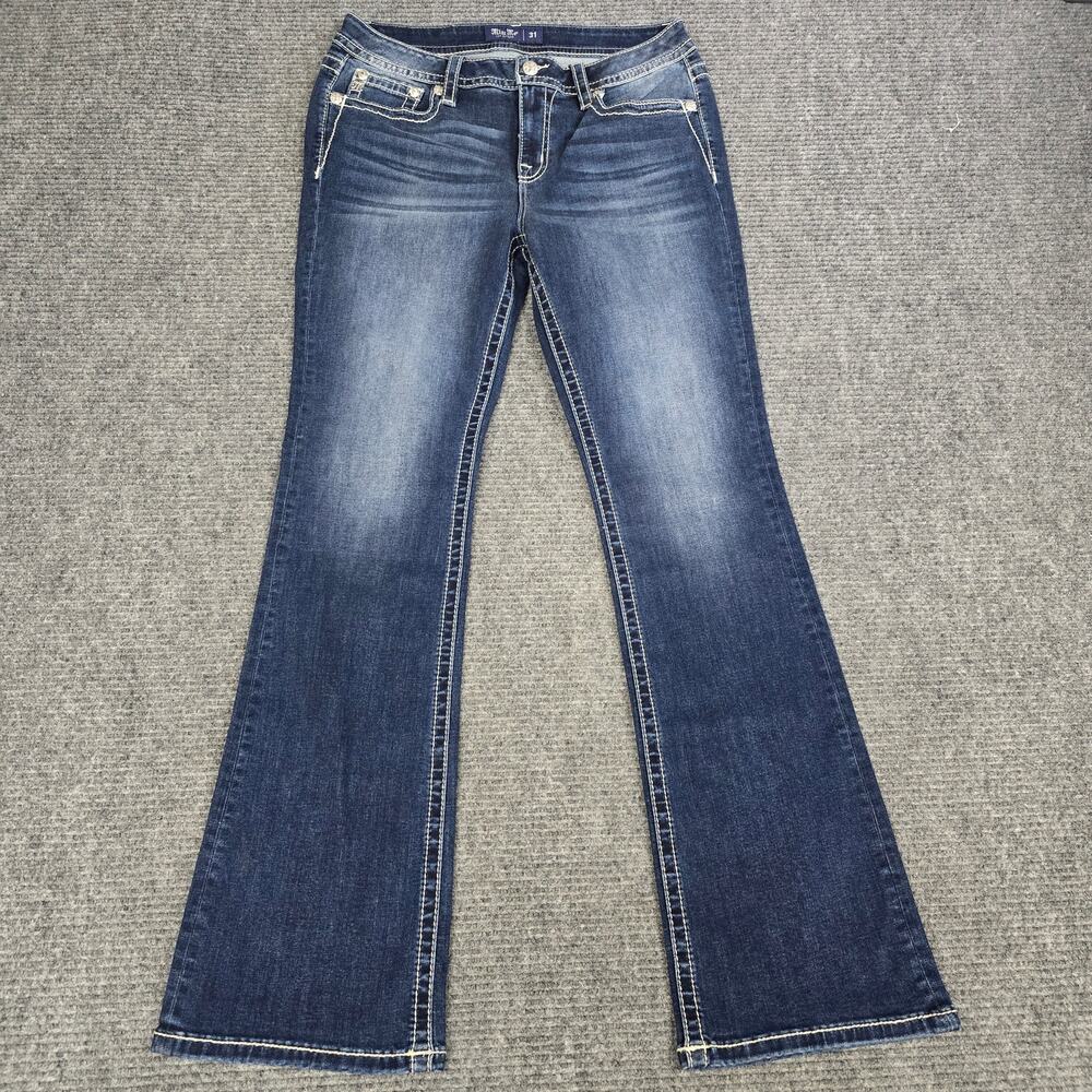Miss Me Mid Rise Bootcut Jeans Womens 31x34 Tall Blue Embellished Flap Pocket